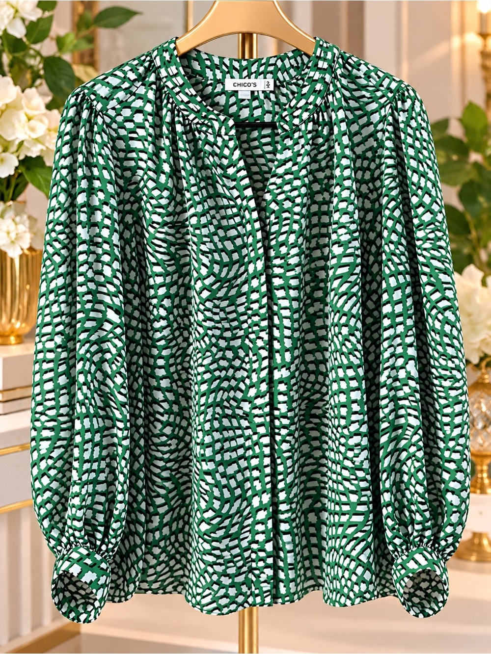Chico's Emerald Green & White Abstract Print Blouse